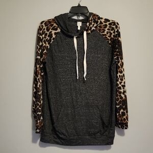 Leopard Print Sleeve Charcoal Hoodie